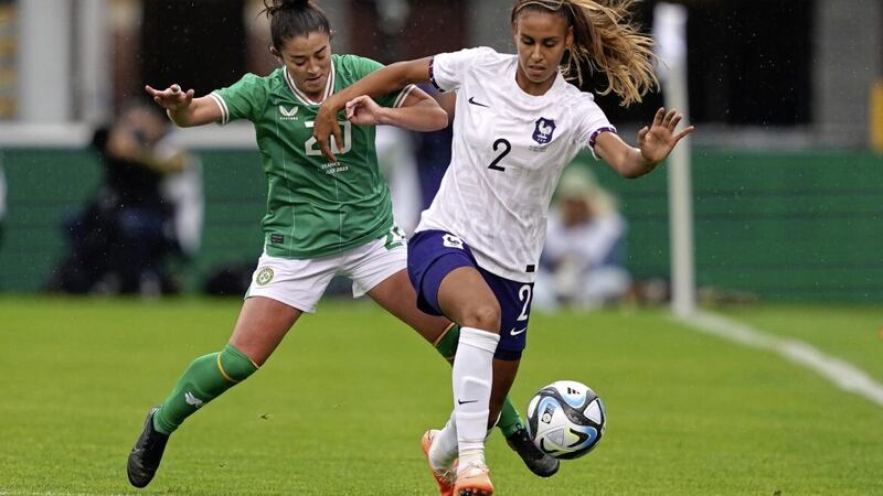 France&#39;s Maelle Lakar (right) and Republic of Ireland&#39;s Marissa Sheva battle for the ball during an international friendly match at Tallaght Stadium last Thursday. It was Sheva&#39;s first game on Irish soil 
