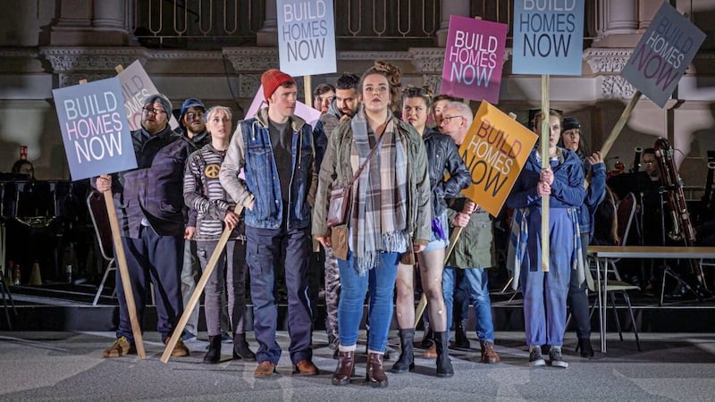 A new opera illustrating a real-life campaign led by young people experiencing the housing crisis shown at the Elmwood Hall, Belfast. A collaboration between NI Opera and the Take Back the City campaign group.. 