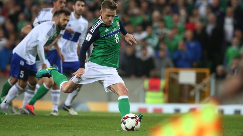 Northern Ireland captain, Steven Davis, scores the opener against San Marino from the penalty spot&nbsp;