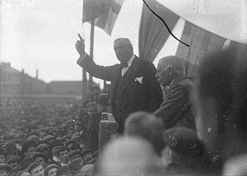 John Redmond addresses a home rule meeting at the Parnell Monument in Sackville Street - now O'Connell Street - in Dublin in 1912 