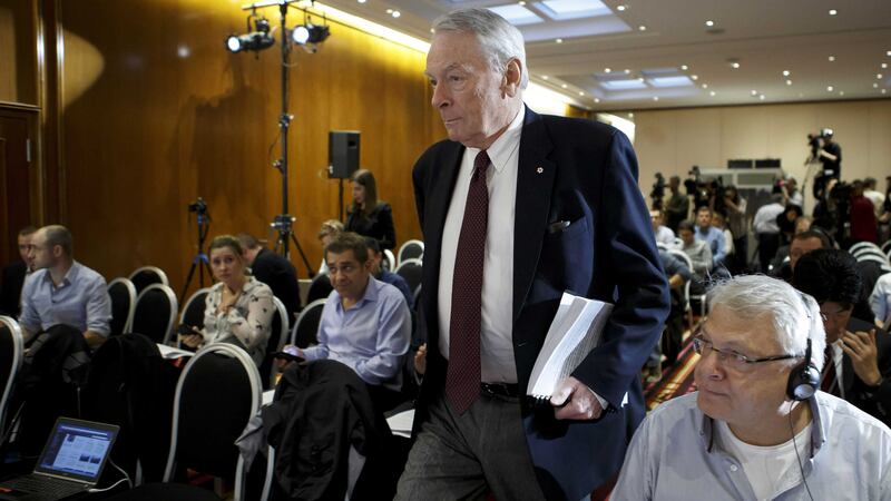 Richard Pound, the chairman of WADA's Independent Commission, arrives for a press conference in Geneva on Monday<br />Picture: AP&nbsp;