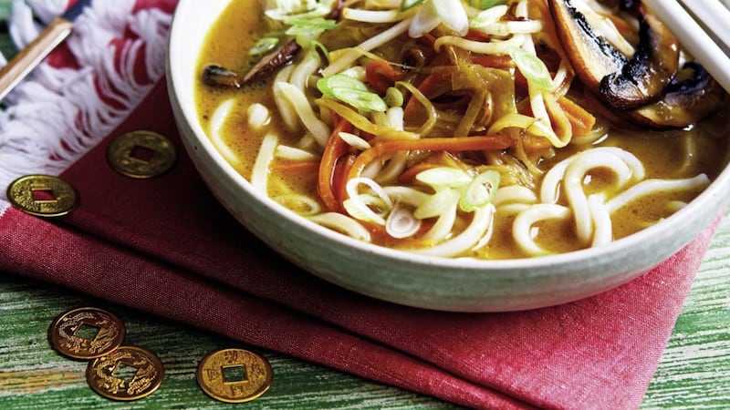 Udon noodle curry soup from The Veggie Chinese Takeaway Cookbook by Kwoklyn Wan 