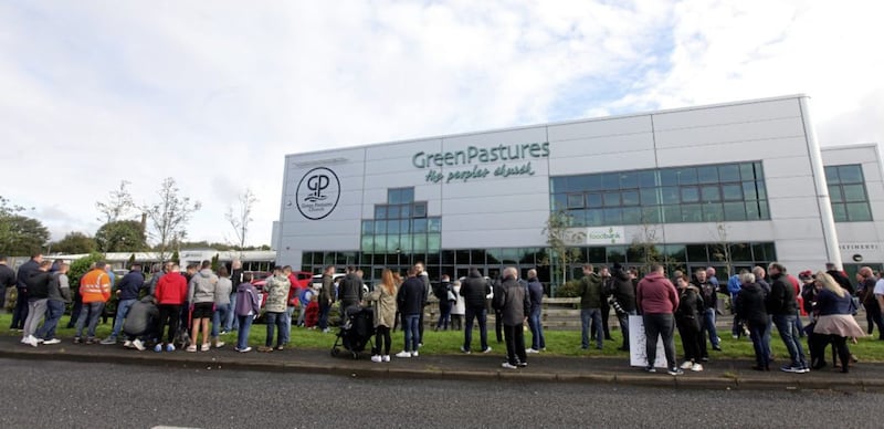 Protesters gathered outside Green Pastures Church near Ballymena yesterday. Picture by Ann McManus. 