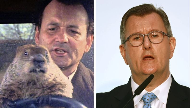 An image of Bill Murray with a groundhog from the film Groundhog Day side-by-side with an image of Sir Jeffrey Donaldson