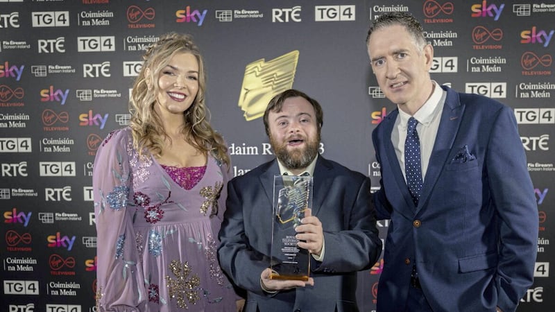 RTS Ireland Television Awards presenter Caitlin N&iacute; Aoidh and Cormac &Oacute; hEadhra with James Martin, who has been named 2023&#39;s Outstanding Newcomer. 