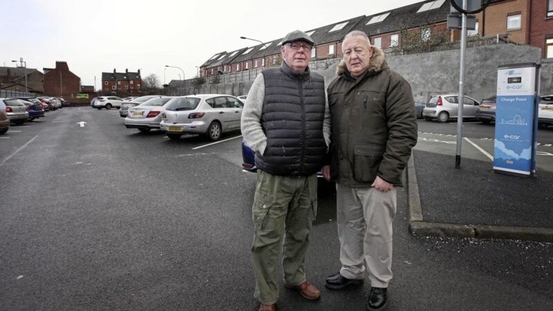 Frank Dempsey and Gerard Brophy are backing plans to build social housing in north Belfast. Picture by Ann McManus. 