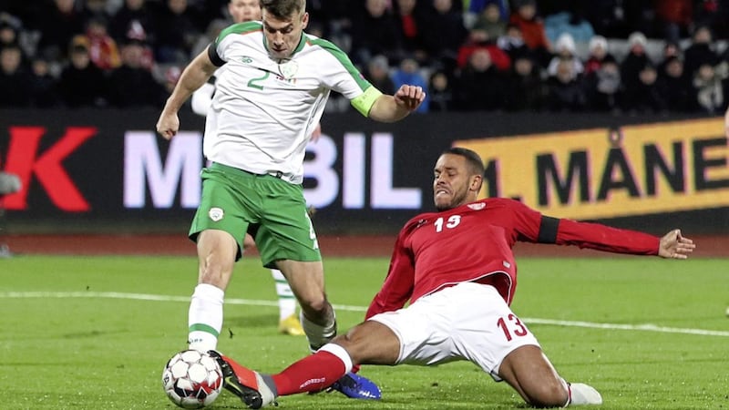 Republic of Ireland's Seamus Coleman (left) and Denmark's Mathias Jorgensen battle for the ball during the UEFA Nations League, Group B4 match at Ceres Park, Aarhus on Monday November 19 2018. Picture: Simon Cooper/PA Wire.&nbsp;