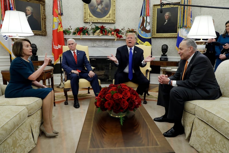 President Donald Trump and Vice President Mike Pence meet with Senate Minority Leader Chuck Schumer, D-N.Y., and House Minority Leader Nancy Pelosi, D-Calif., in the Oval Office of the White House