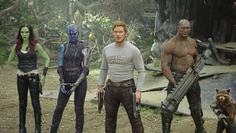 Zoe Saldana, Karen Gillan, Chris Pratt, Dave Bautista and Rocket, voiced by Bradley Cooper, in Guardians Of The Galaxy Vol. 2 