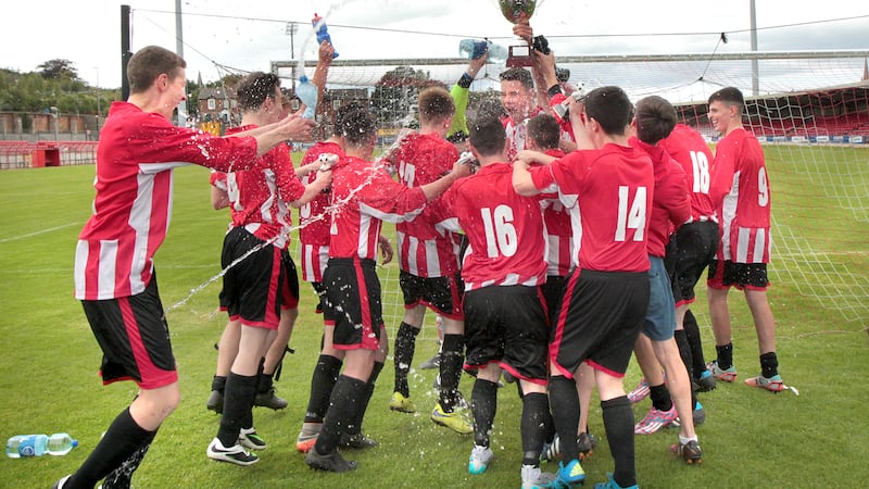 Derry Colts celebrate beating Inishowen Youth League to win the Foyle Cup U16 section at the Brandywell on Saturday <br />Picture: Margaret McLaughlin&nbsp;