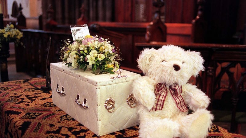 The coffin of abandoned baby Callum during his funeral service in 1998