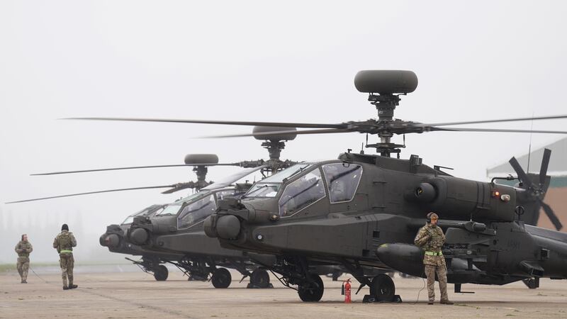 British Army Apache AH-64E attack helicopters at Wattisham Flying Station in Suffolk