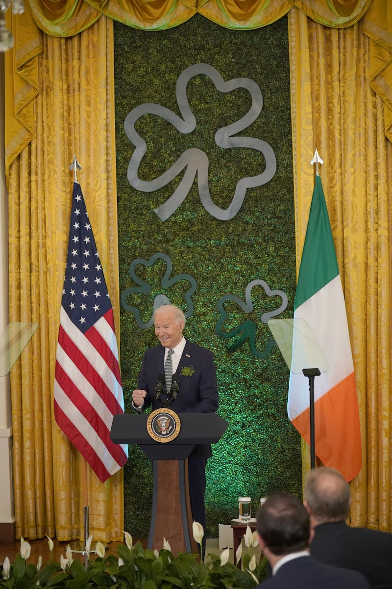 US President Joe Biden speaking during the St Patrick’s Day brunch with Catholic leaders in the East Room of the White House