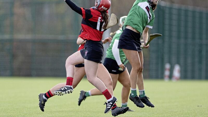 Br&iacute;d&iacute;n&iacute; &Oacute;ga, Glenravel defender Laoise McKenna goes high to take possession from Carla Griffin in the Antrim club&#39;s All-Ireland Club Junior Championship semi-final with Limerick champions Adare at Abbottstown on Sunday Picture: Aidan Ryan 