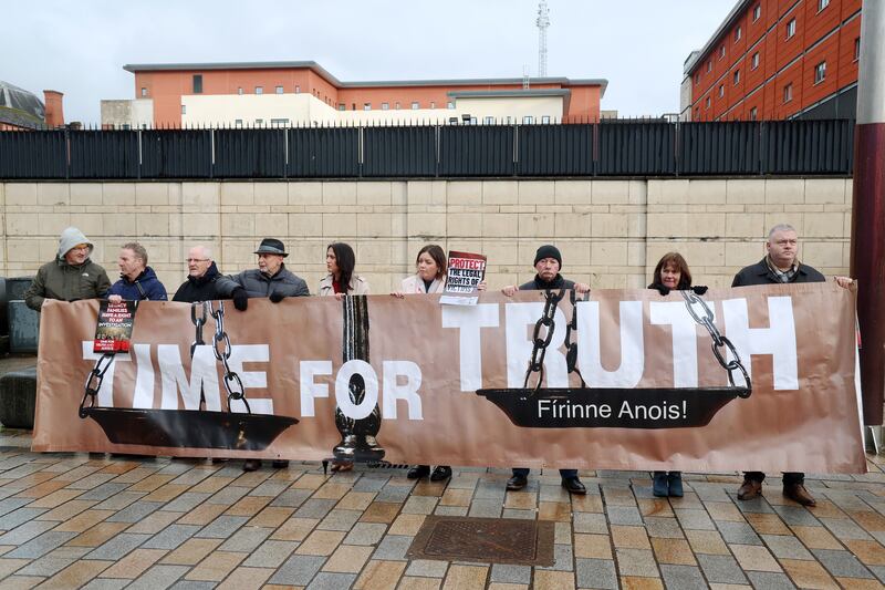 Time For Truth Campaigners outside the High Court in Belfast where the inquest into the murder of GAA official Sean Brown was halted. PICTURE: MAL MCCANN