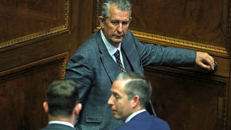 &nbsp;DUP leader Edwin Poots (top) leaving the Chamber after nominating Paul Givan (bottom right) as First Minister, in the Stormont Assembly in Parliament Buildings in Belfast. Picture date: Thursday June 17, 2021.