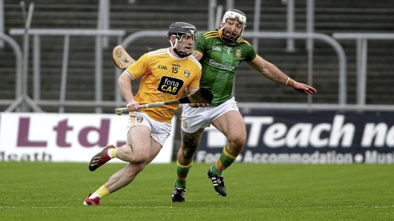 Antrim's Ciaran Clarke in action with Meath's Michael Burke in the Joe McDonagh Cup Round 3 game at Navan in late 2020. <br />Picture Seamus Loughran