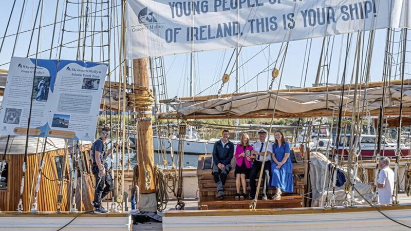 Ship operation manager Brian O&#39;Malley, Belfast lord mayor Tina Black, ship&#39;s captain Gerry Burns, and Atlantic Youth Trust development officer Catherine Noone pictured on the soon-to-be named Grace O&#39;Malley tall ship. 