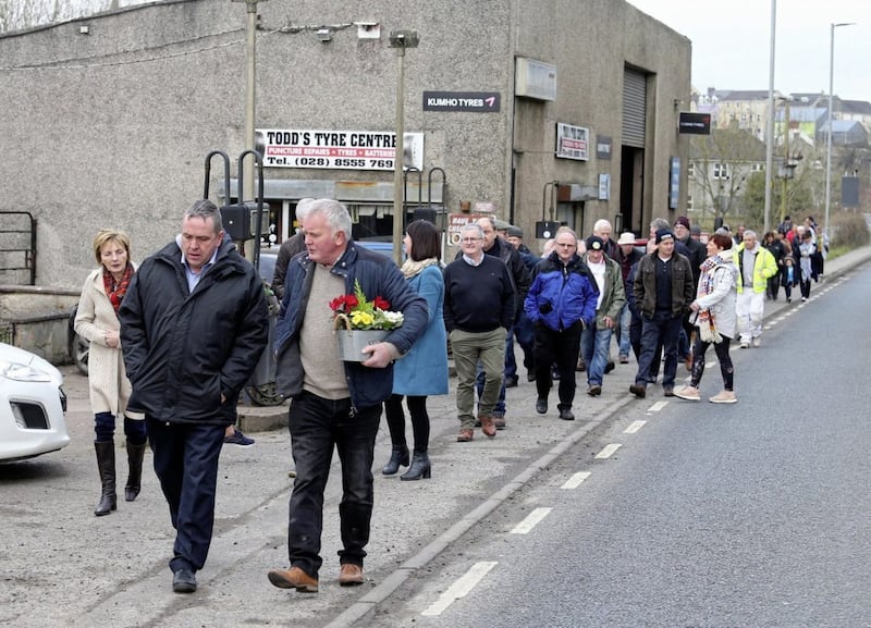 Former Sinn F&eacute;in MP Barry McElduff was among those who joined a walk to the spot near Aughnacloy where Aidan McAnespie was shot by the British army 30 years ago. Picture by Mal McCann. 