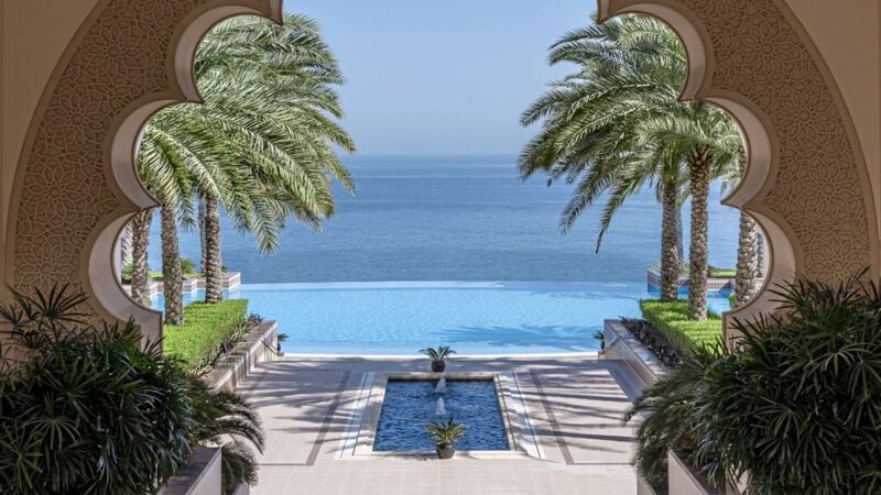 The pool at Shangri-La Al Husn hotel, Oman, which looks out on to the Gulf of Oman 