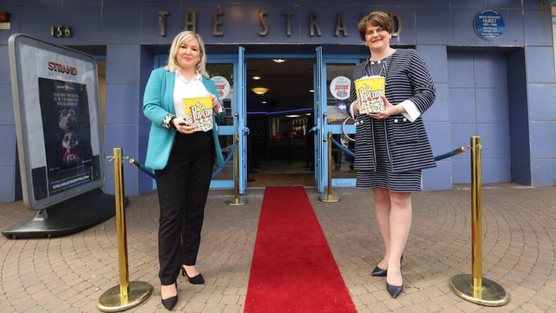 &nbsp;First Minister Arlene Foster and Deputy First Minister Michelle O'Neill at the Strand Centre Cinema in east Belfast to mark the reopening of indoor arts venues, after the latest easing of the Covid-19 rules in Northern Ireland. Picture by&nbsp;Liam McBurney/PA Wire