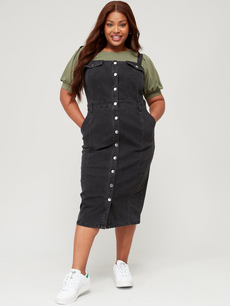 V by Very Curve Sleeveless Button Through Denim Dress, £38; Scoop Neck Puff Sleeve Jersey Top Green; Adidas Originals Stan Smith Trainers White
