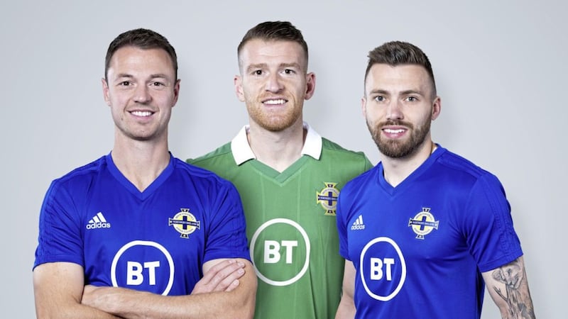 BT signed a deal earlier this year to become the lead partner of Northern Ireland men&rsquo;s international football teams until 2024. Pictured wearing the new branded training kit are Jonny Evans, Steven Davis and Stuart Dallas 