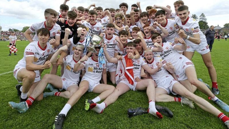 Tyrone Minors celebrate retaining the Ulster Minor Football Championship after defeating Derry. 
