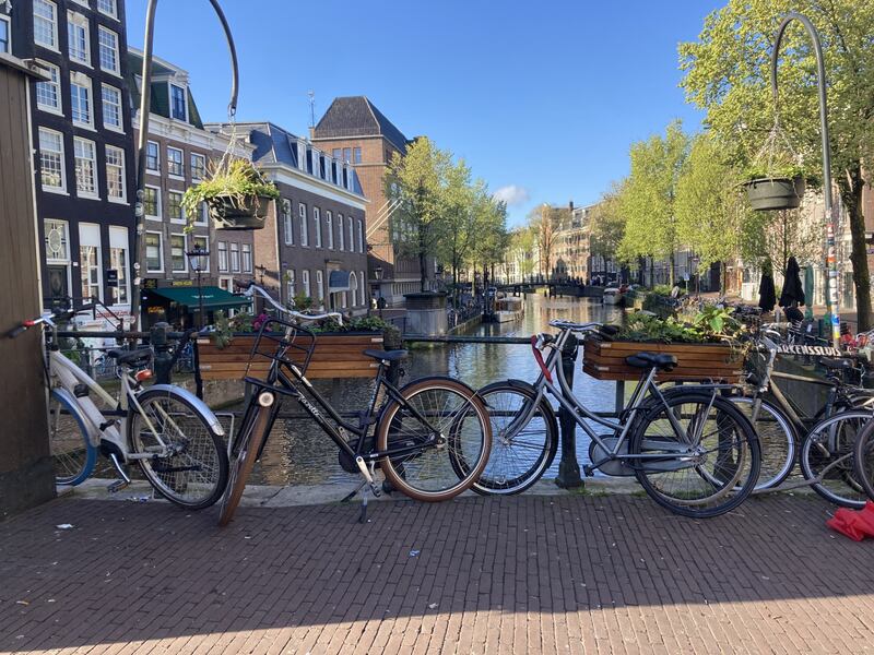 The streets of Amsterdam are bright with flowers in the springtime.