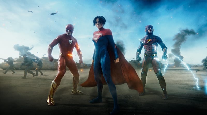 Ezra Miller as Barry Allen/The Flash, Sasha Calle as Kara Zor-El/Supergirl and Ezra Miller as Barry Allen/The Flash
