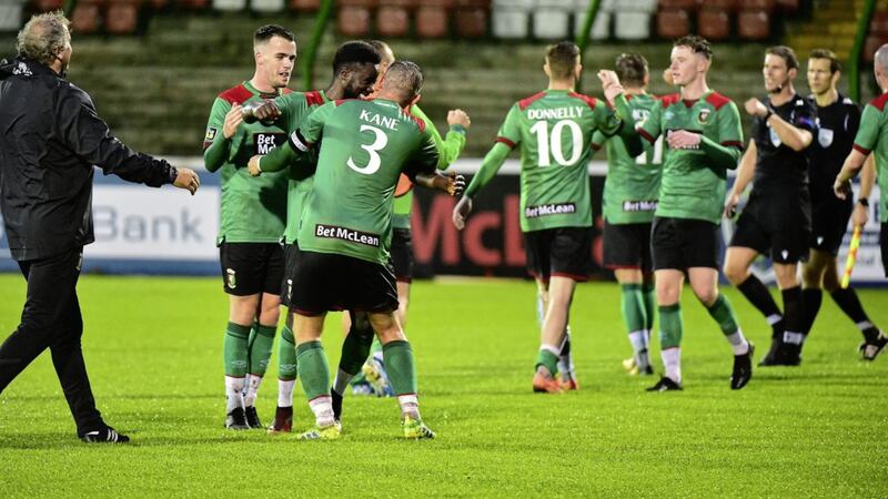 The Glentoran players celebrate after last week&#39;s preliminary round win over HB Torshavn. They face Scottish Premiership outfit Motherwell tonight. Picture by Pacemaker 
