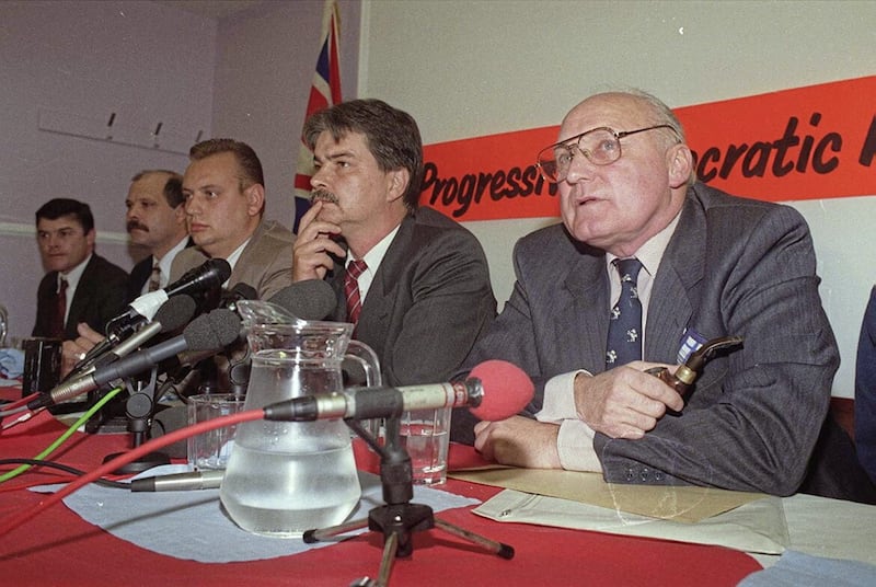 David Adams (far left) was part of the panel that announced the 1994 loyalist ceasefire