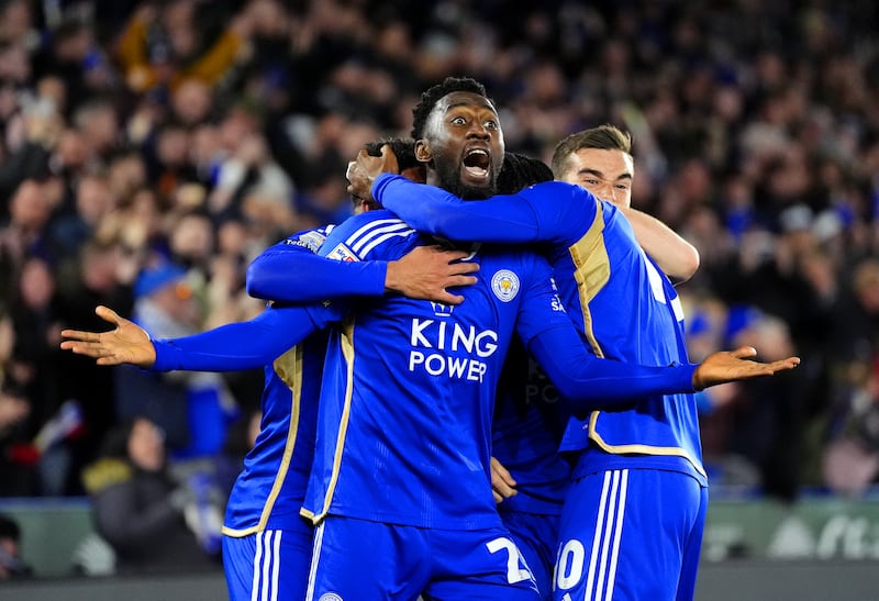Wilfred Ndidi celebrates with team-mates after scoring Leicester’s second goal in the 5-0 thrashing of Southampton .