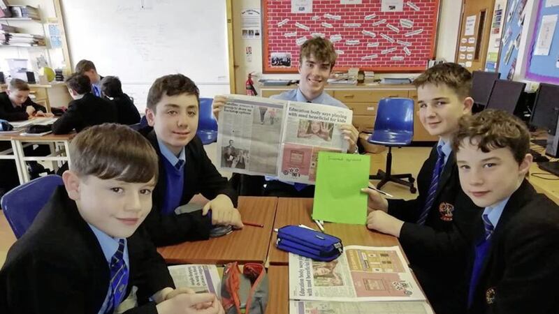 Christian Brothers Grammar School Omagh Year 13 journalism students working with Year 9s on their Irish News project 