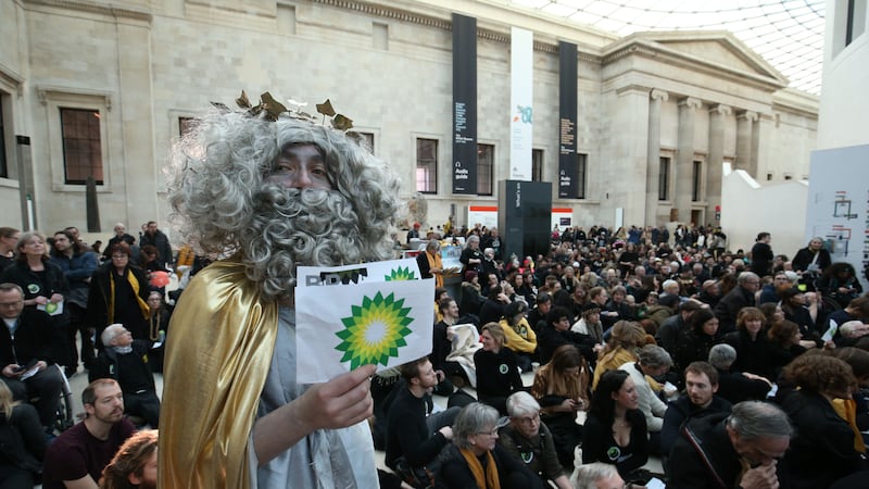 The campaigners are angry about the energy company sponsoring the Troy exhibition.