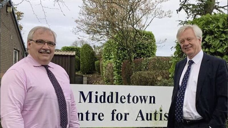 David Davis, right, with Middletown Centre for Autism chief executive Gary Cooper during a low-key visit to the border by the Brexit secretary 