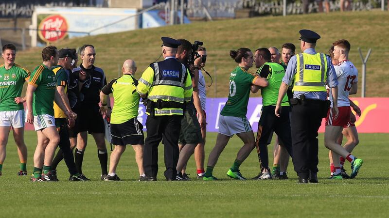 Meath manager Andy McEntee had to be restrained by one of his players, Cillian O'Sullivan, after last summer's agonising defeat to Tyrone in the All-Ireland SFC Qualifier series Picture by Sportsfile