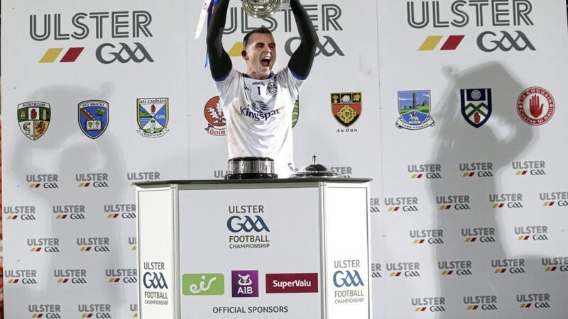 Captain Raymond Galligan hoists aloft the Anglo-Celt Cup after Cavan&#39;s shock 2020 Ulster final victory over Donegal. Picture by Seamus Loughran 