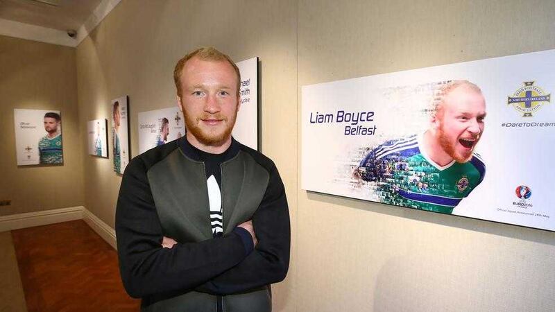 Northern Ireland&#39;s Liam Boyce pictured with a replica of his giant billboard.   