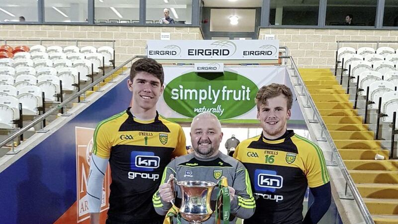 Pat Shovelin (centre) with Donegal U21 goalkeepers Danny Rodgers and Paddy Byrne after the Ulster U21 final win over Derry 