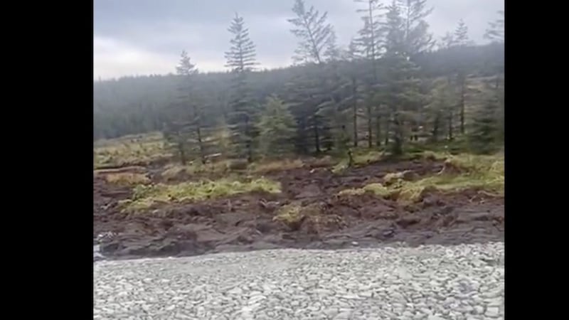 Footage shared online shows trees and tonnes of peat sliding downhill near Meenbog Wind Farm in Co Donegal. 