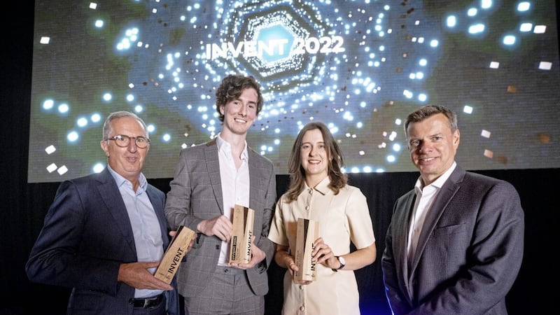 Pictured at INVENT 2022 Awards (L-R): George Higginson from main sponsor Bank of Ireland; Peter Gilleece, founder of Vikela Armour; Meg Magill, INVENT programme manager; and Steve Orr, chief executive of Catalyst. 