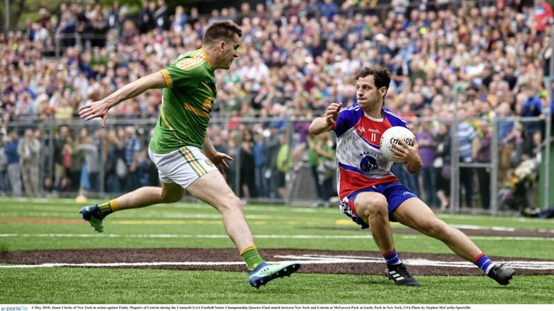 Jamie Clarke of New York takes on Paddy Maguire of Leitrim during the Connacht SFC quarter-final at Gaelic Park in New York Picture by Stephen McCarthy/Sportsfile 
