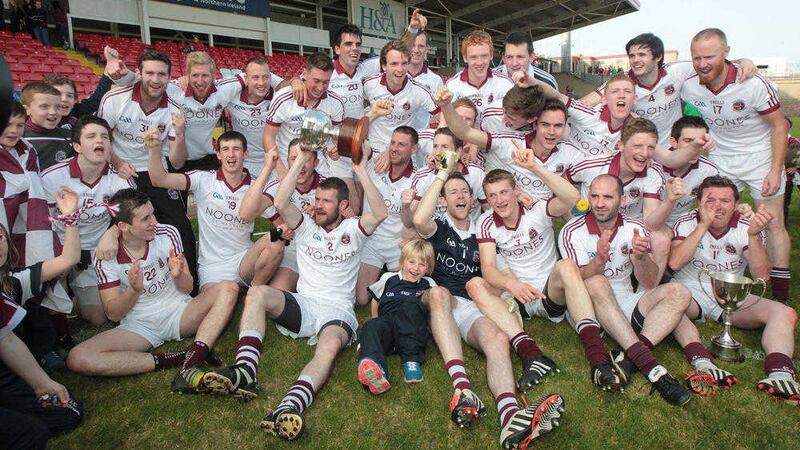 Karl McKaigue (4) and his team-mates celebrate Slaughtneil's win over Eoghan Rua, Coleraine in the Derry Senior Football Championship final at Celtic Park last Sunday