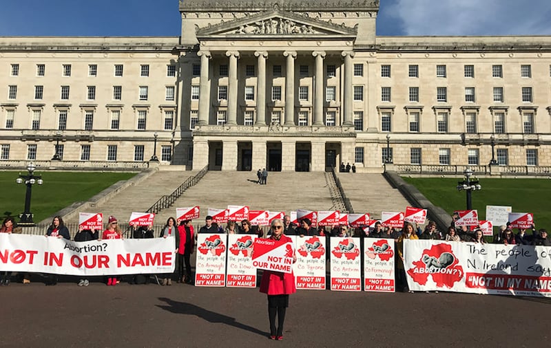 Anti-abortion activists in the grounds of Stormont Parliament, Belfast this morning. Picture by Mal McCann&nbsp;