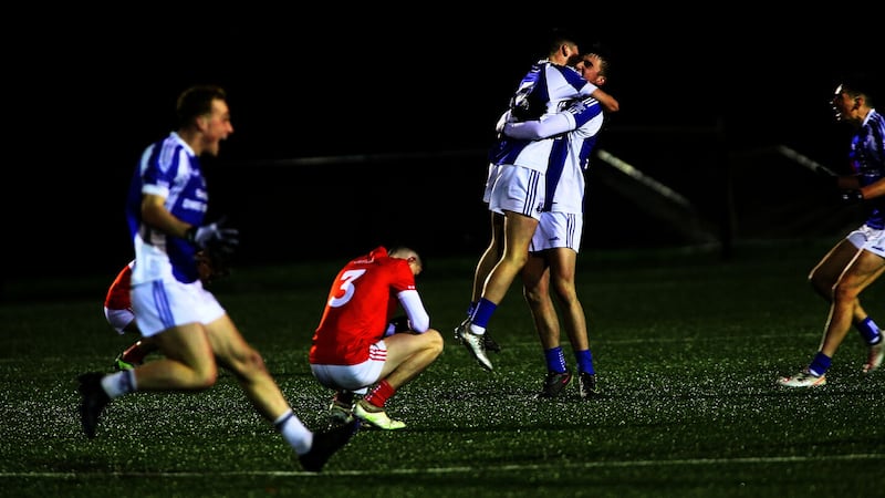 Four Masters players celebrate after their dramatic win over Magherafelt at the fonaCAB Ulster Minor Football Tournament at St Paul's      Picture: Seamus Loughran