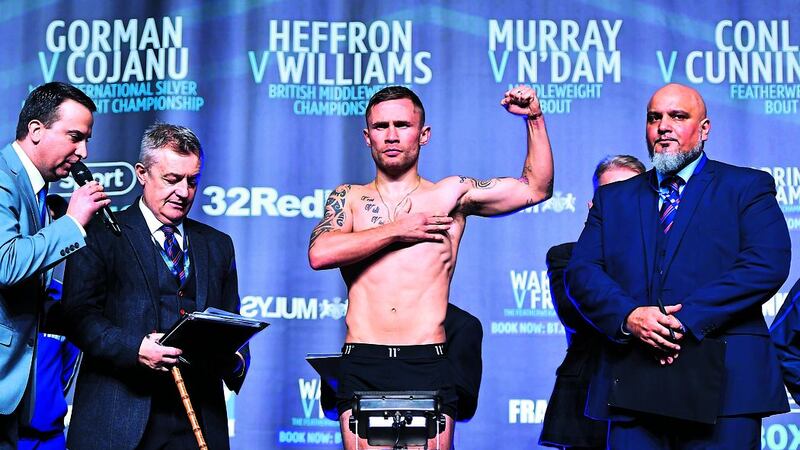 Belfast fighter Carl Frampton pictured on the scales today (Friday December 21 2018) during the weigh at the Manchester Central ahead of his World title clash with Josh Warrington.&nbsp;<br/>Picture by Anthony Devlin/PA Wire&nbsp;