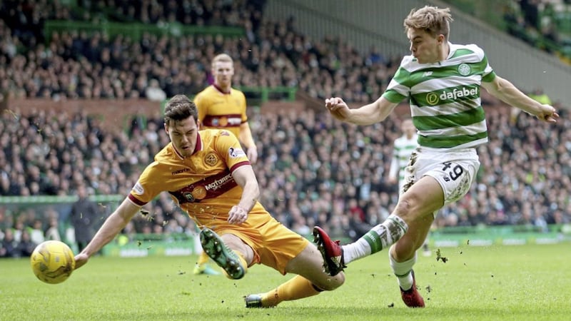 Celtic's James Forrest fires home his side's second goal in the 2-0 victory over Motherwell at Parkhead Picture: PA