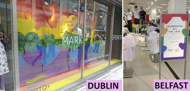 An M&amp;S shop front in central Dublin ahead of the city&#39;s Pride events, and an internal display in M&amp;S on Donegall Place ahead of Belfast Pride 