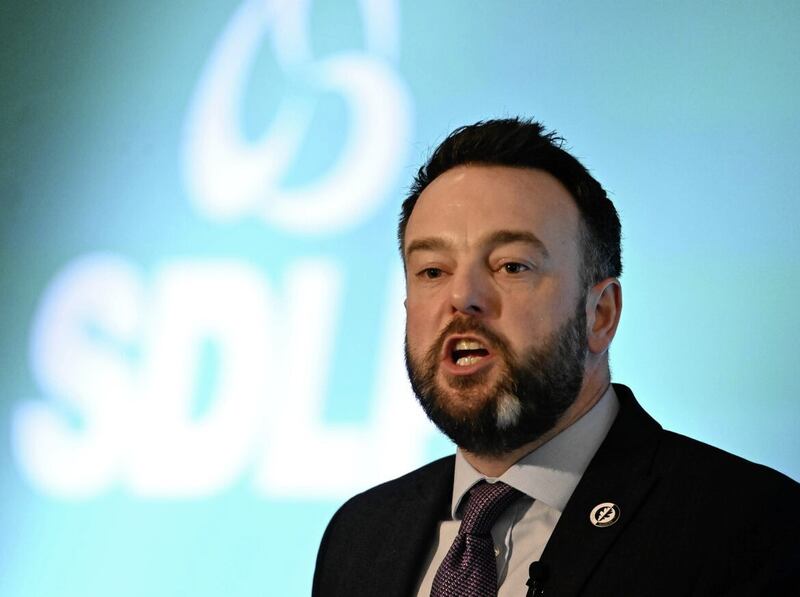 SDLP leader Colum Eastwood delivers his conference speech at St Columb's Hall in Derry. Picture by Oliver McVeigh /PA Wire